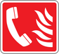 Red square sticker with white phone handset and flame icon