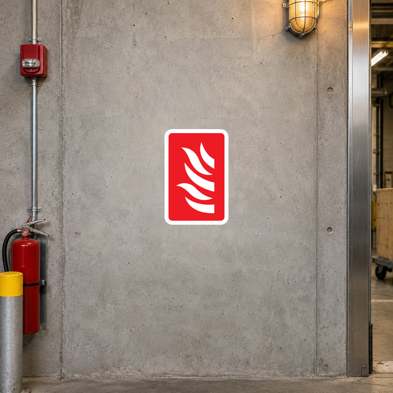 Fire emergency sticker with red flame icon on white background