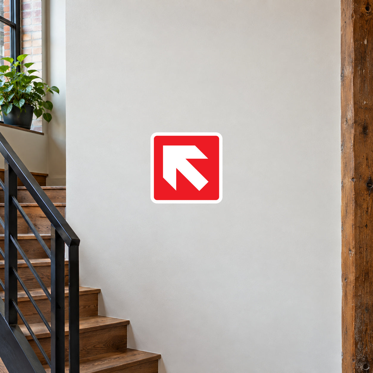 Fire exit left arrow sticker, red and white sign