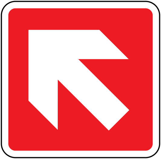 Red square fire exit sticker with white left-pointing arrow