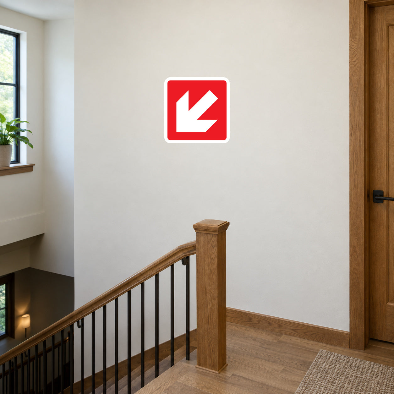 Fire exit down-left sticker with red background and white exit arrows