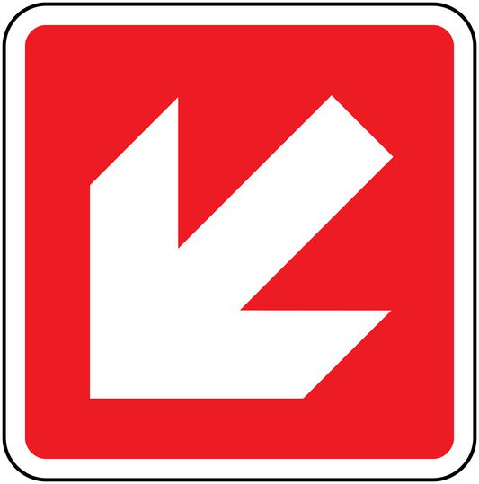 Red fire exit down-left sticker with white directional arrow, rounded white border.