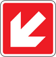 Red fire exit down-left sticker with white directional arrow, rounded white border.