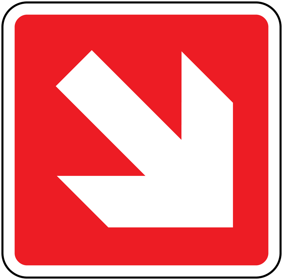 Fire exit directional sticker with red background and white down-right arrow
