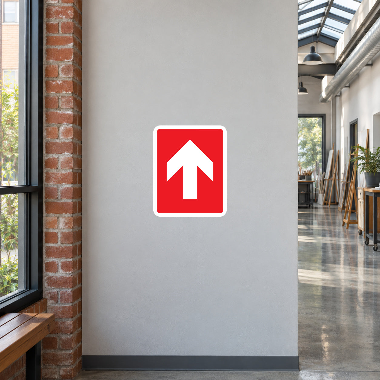 Fire exit straight-ahead sticker: red square with white up arrow