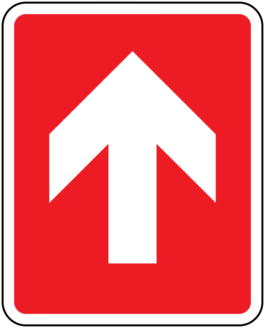 Fire exit sticker with red background and white up arrow indicating straight ahead