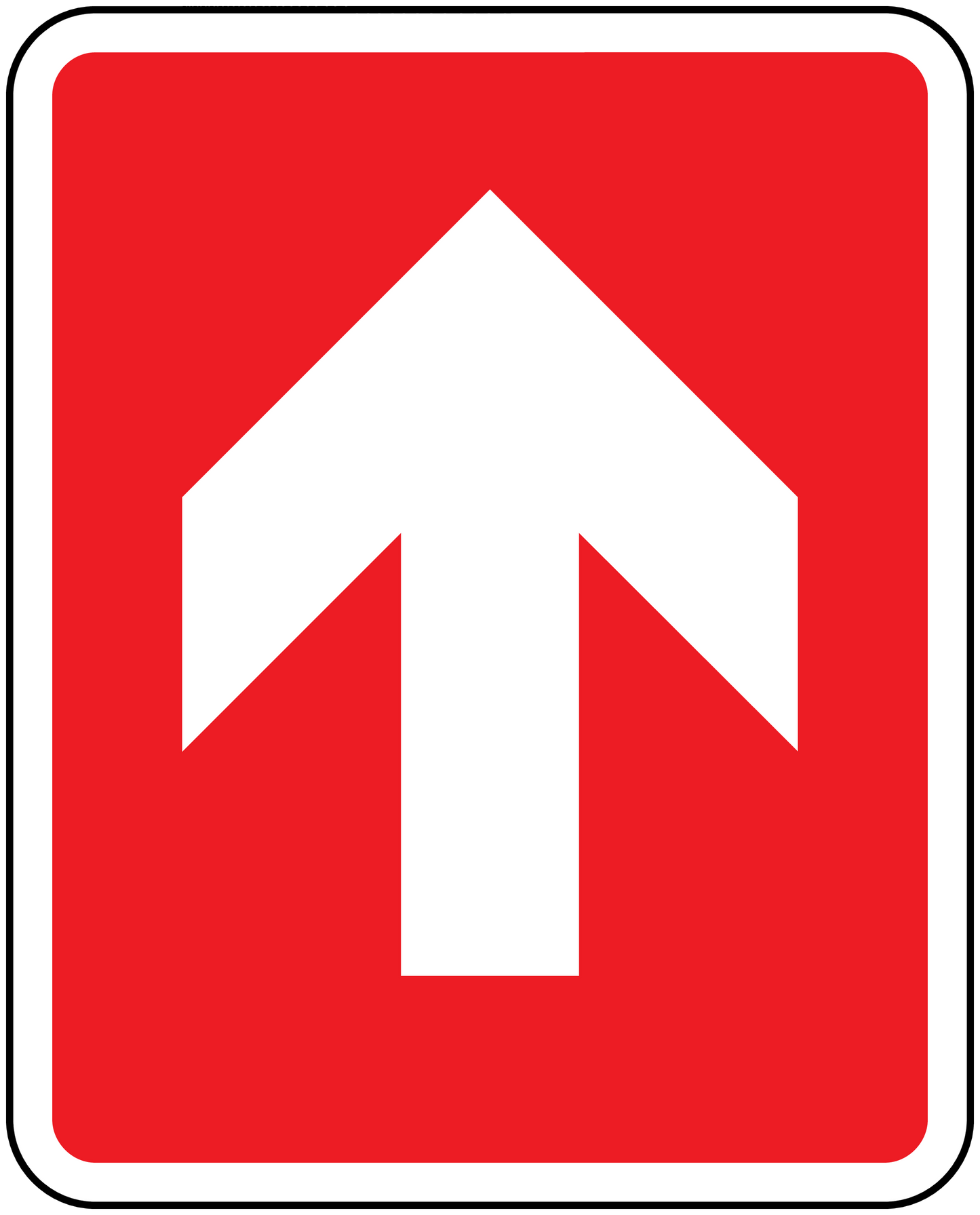 Fire exit sticker with red background and white up arrow indicating straight ahead