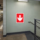 Fire exit down direction sticker with red border and white downward arrow