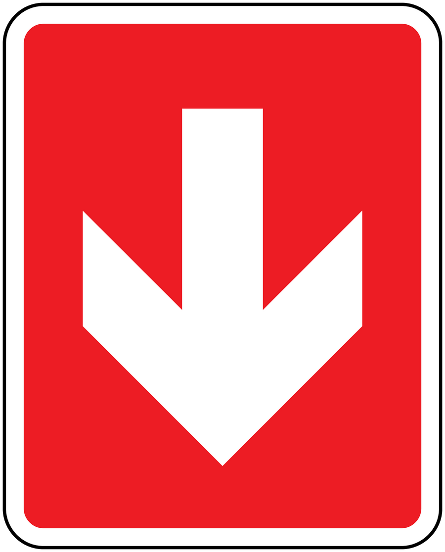Fire exit downstairs sign sticker with large white downward arrow on red background