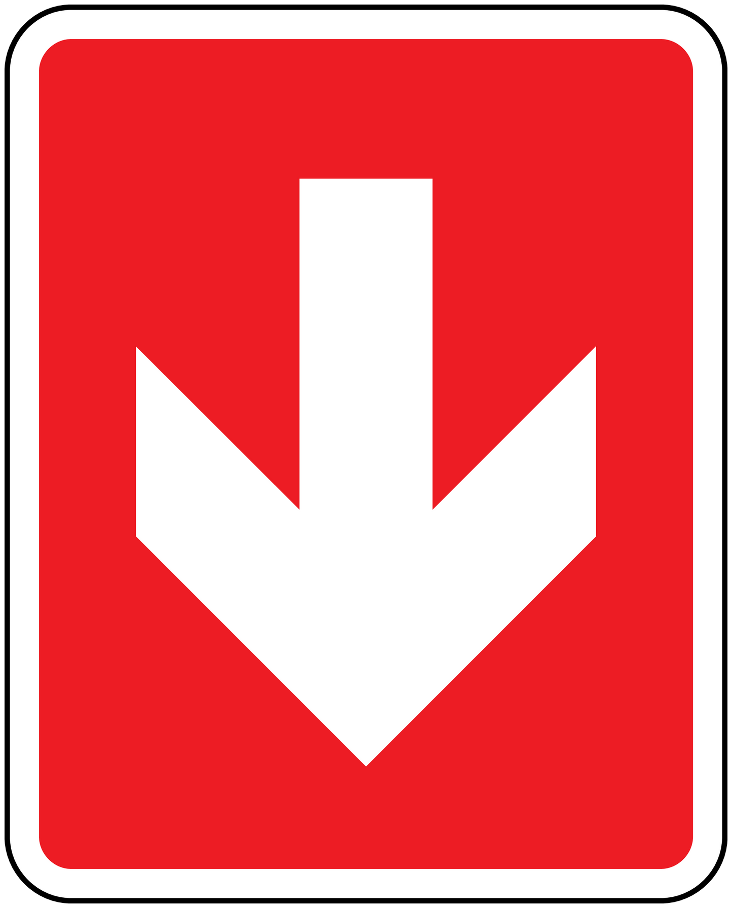Fire exit downstairs sign sticker with large white downward arrow on red background