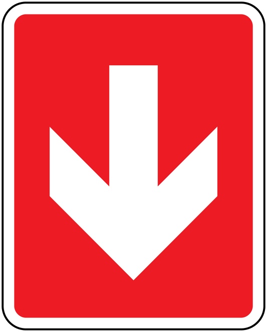 Fire exit downstairs sign sticker with large white downward arrow on red background