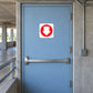 Fire exit down arrow sticker: red downward arrow in white square on blue door