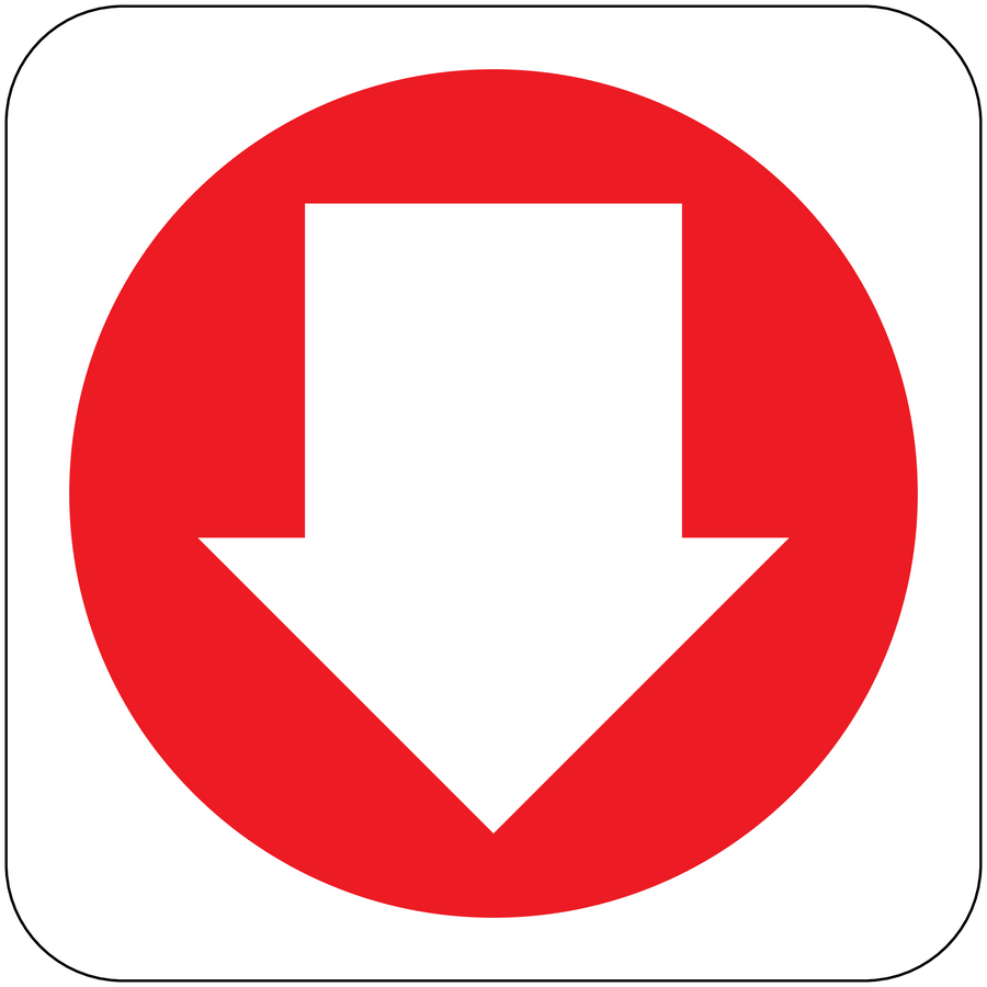 Fire exit down arrow sticker with red circular sign and white arrow pointing down.