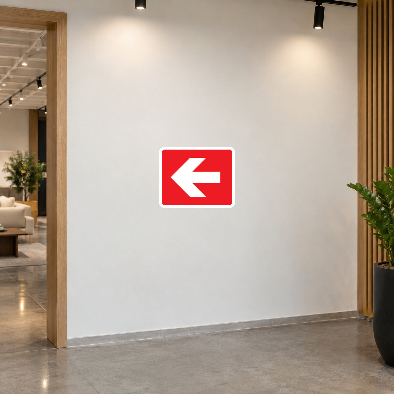 Fire exit left direction sticker with red arrow on white background
