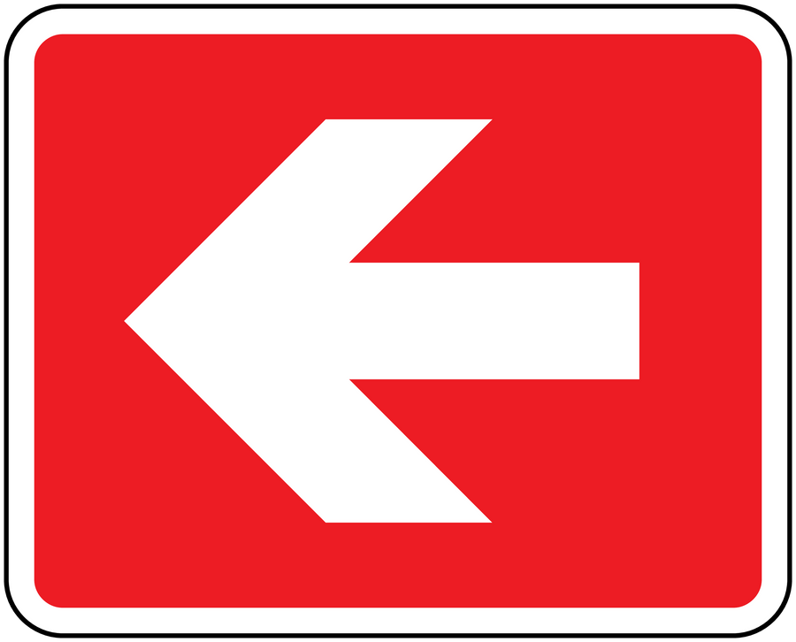 Fire exit left sticker, red with white left arrow and rounded border