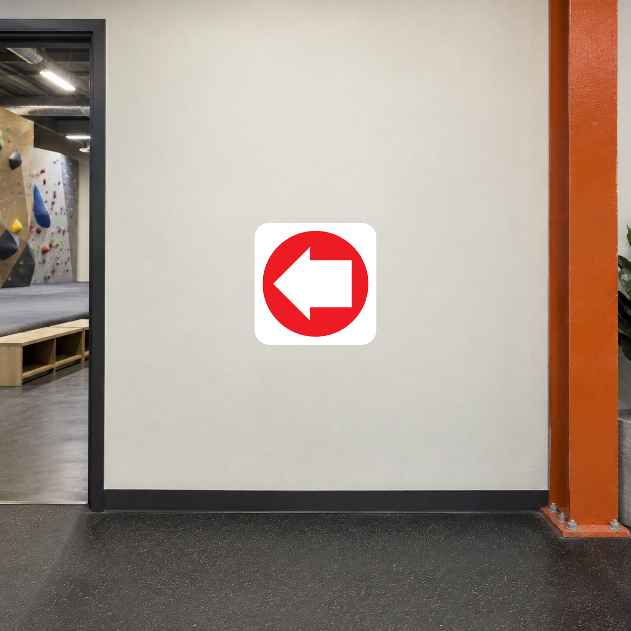 Fire exit to the left sign sticker with red left arrow on white square