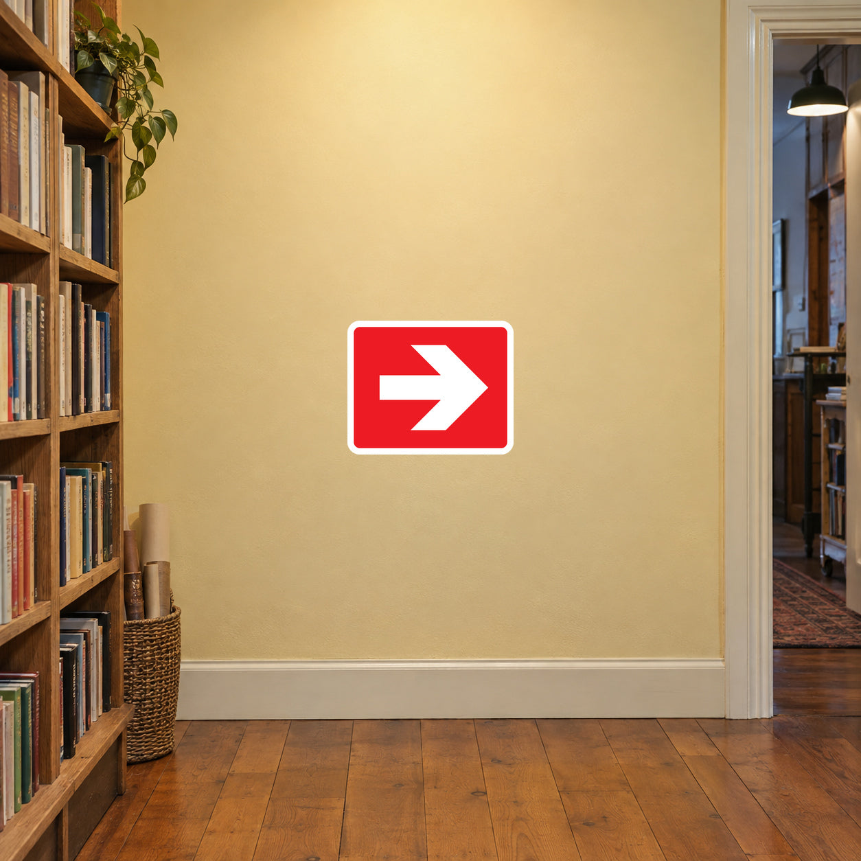 Fire exit right arrow sticker, red sign with white arrow
