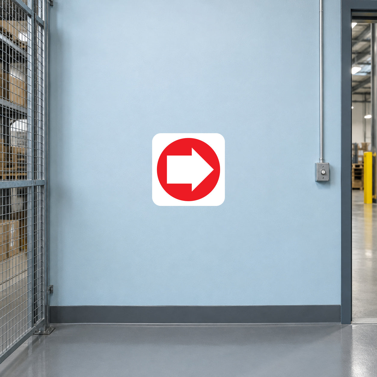 Fire exit right sticker with red circle and white arrow pointing right on white square