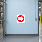 Fire exit right sticker with red circle and white arrow pointing right on white square