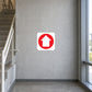 Fire exit upstairs sticker with red upward arrow inside a white rounded square