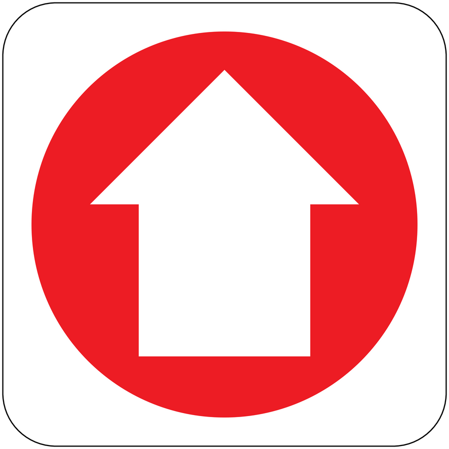 Fire exit upstairs sticker with red circle and white house symbol
