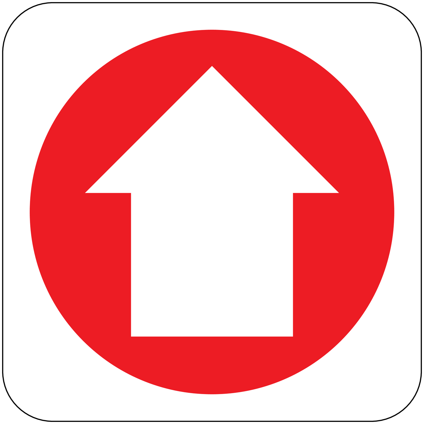 Fire exit upstairs sticker with red circle and white house symbol