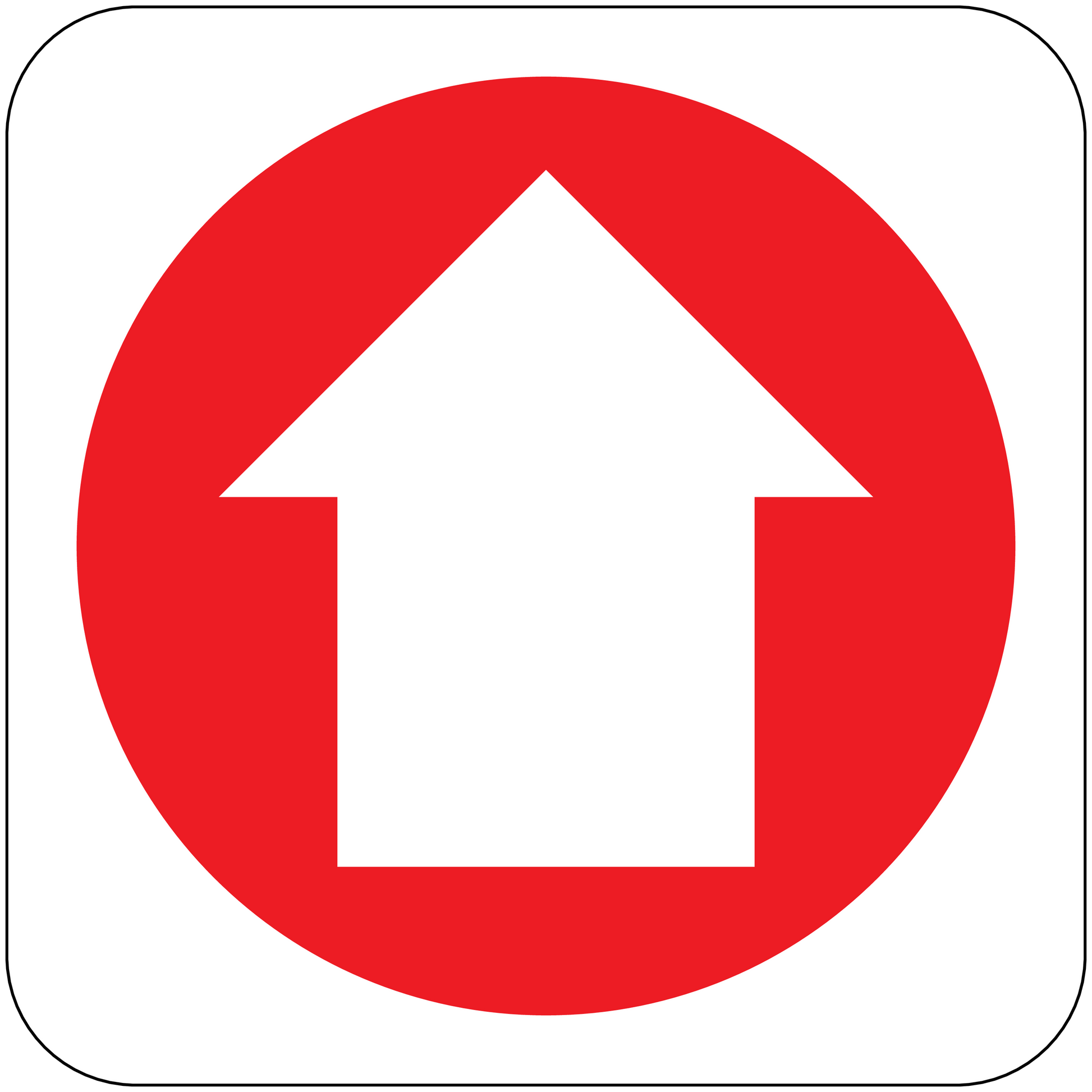 Fire exit upstairs sticker with red circle and white house symbol