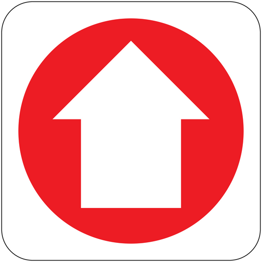 Fire exit upstairs sticker with red circle and white house symbol