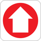 Fire exit upstairs sticker with red circle and white house symbol