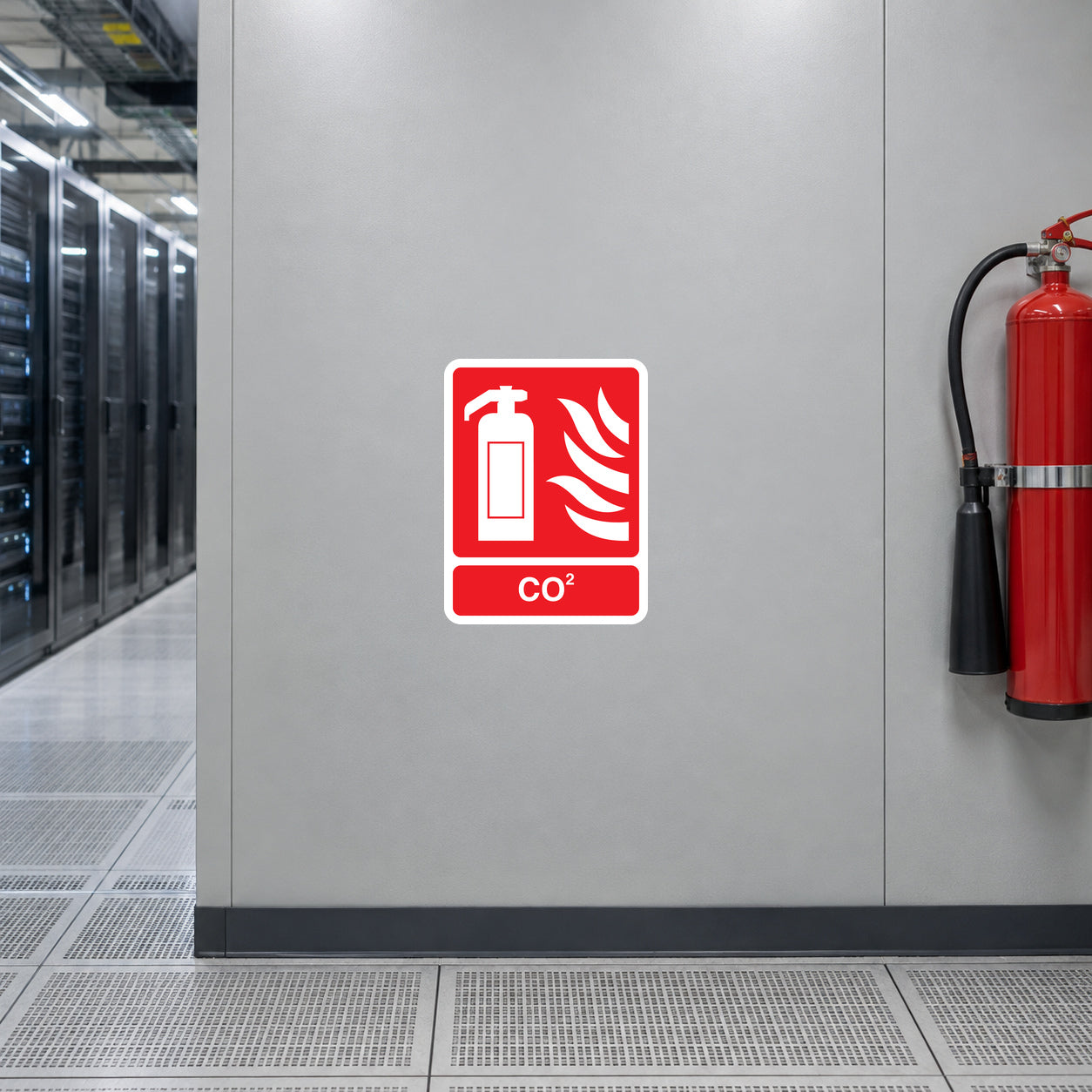 CO2 fire extinguisher identification sticker beside an extinguisher in a data-centre corridor