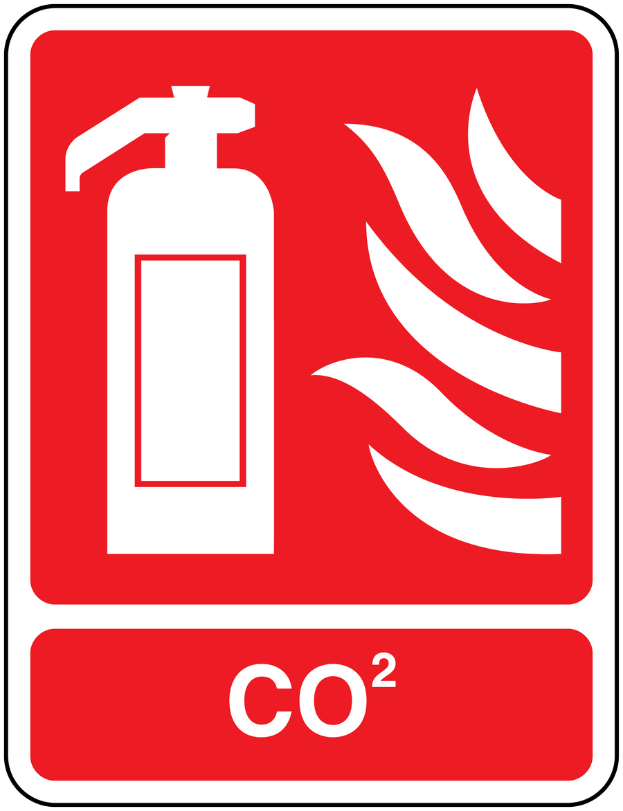 CO2 fire safety sticker with extinguisher symbol and CO2 lettering on red background