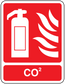 CO2 fire safety sticker with extinguisher symbol and CO2 lettering on red background