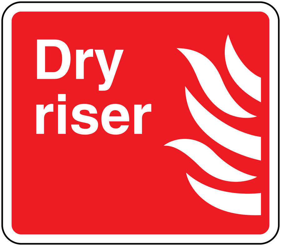 Dry riser fire sticker, red square with white border, 'Dry riser' text and flame icon