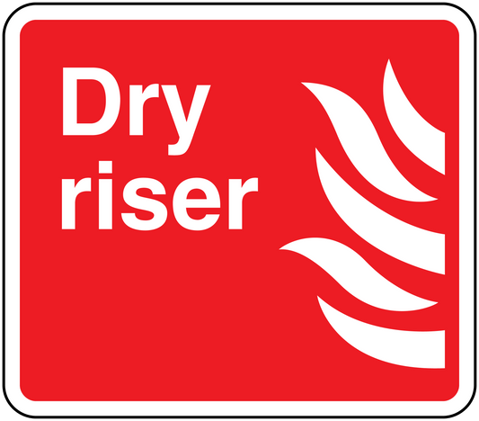 Dry riser fire sticker, red square with white border, 'Dry riser' text and flame icon