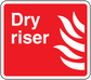 Dry riser fire sticker, red square with white border, 'Dry riser' text and flame icon