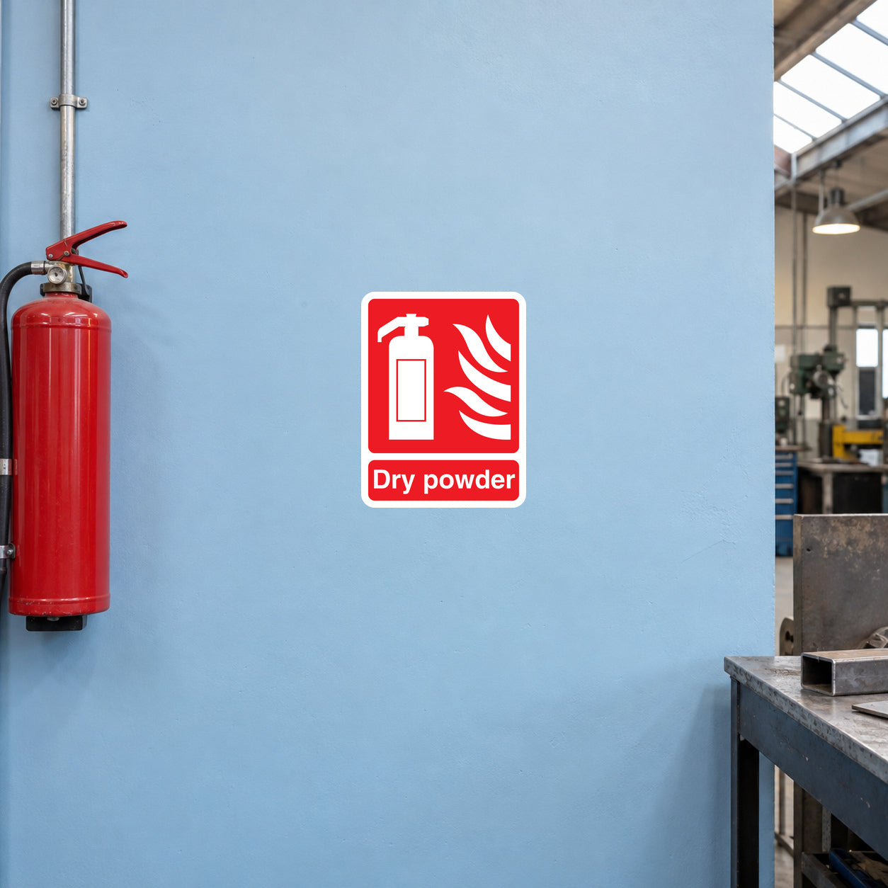 Dry powder fire extinguisher sticker, red and white symbol with Dry powder text