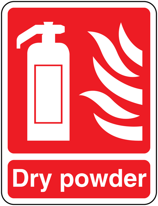 Dry powder fire safety sticker with extinguisher icon and Dry powder text