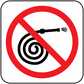 Red prohibition sticker with crossed-out fire extinguisher and target flame icon