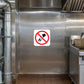 Fire safety prohibition sticker with crossed-out water and flame icon