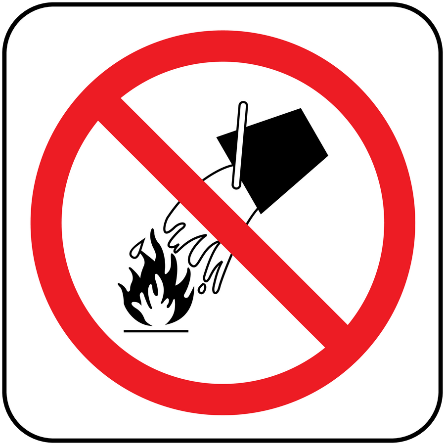 Prohibition sticker showing no water on fire, red circle slash and flame icon