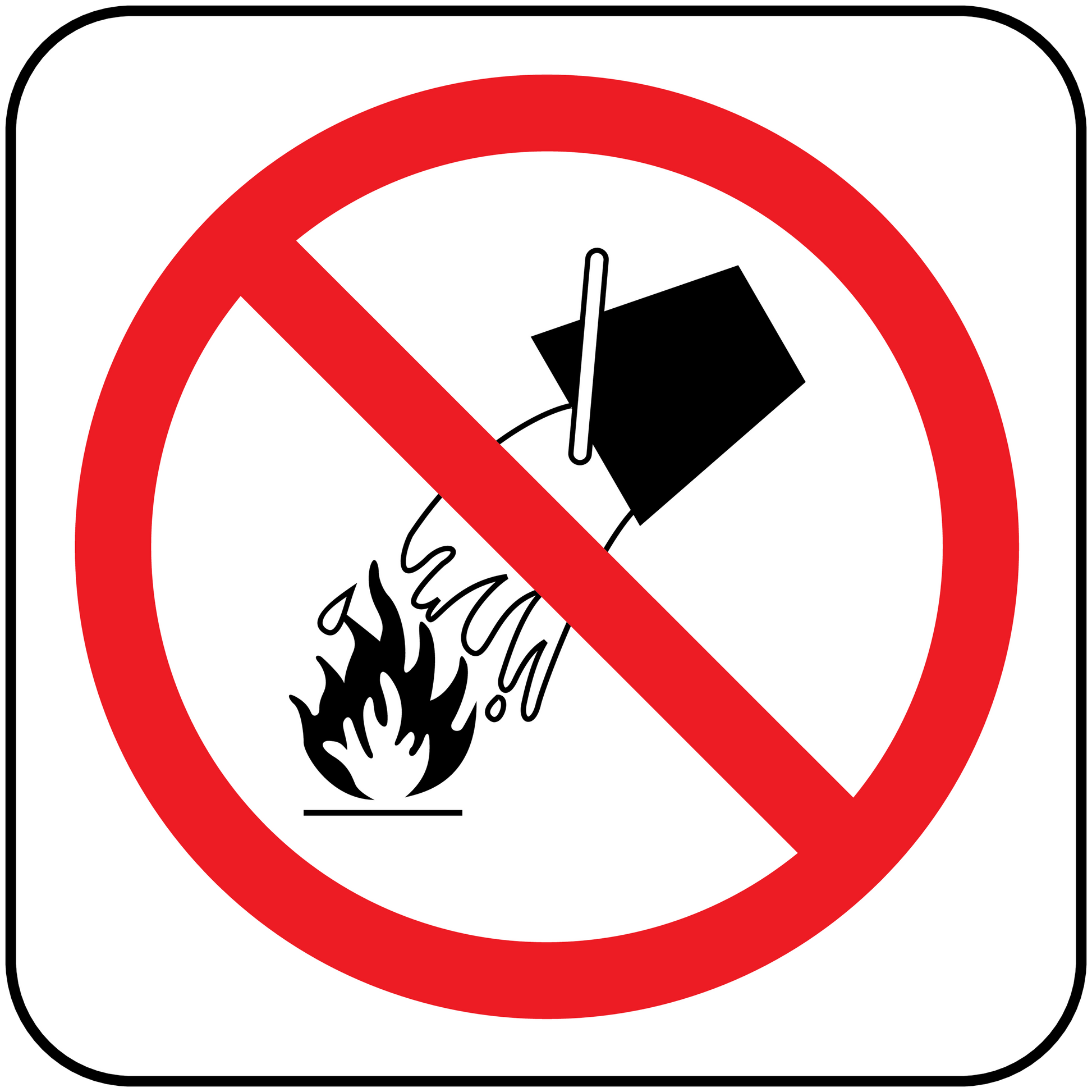 Prohibition sticker showing no water on fire, red circle slash and flame icon