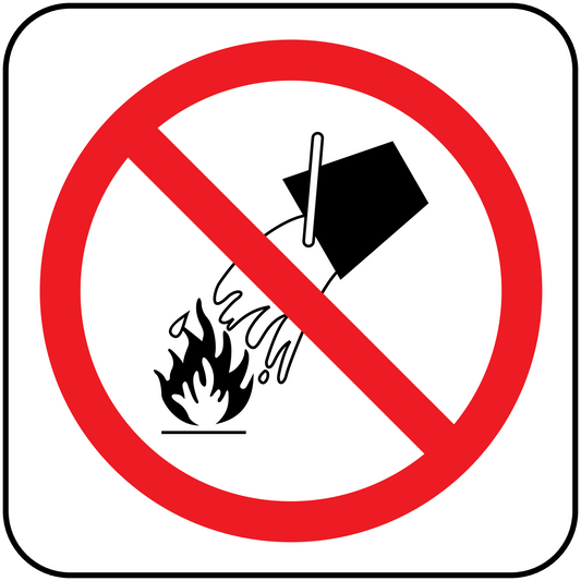 Prohibition sticker showing no water on fire, red circle slash and flame icon