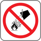 Prohibition sticker showing no water on fire, red circle slash and flame icon