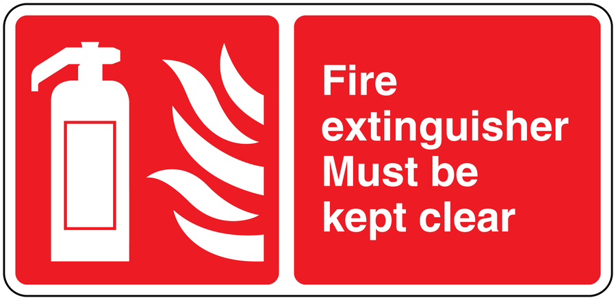 Red fire extinguisher must be kept clear safety sticker with extinguisher and flame icon