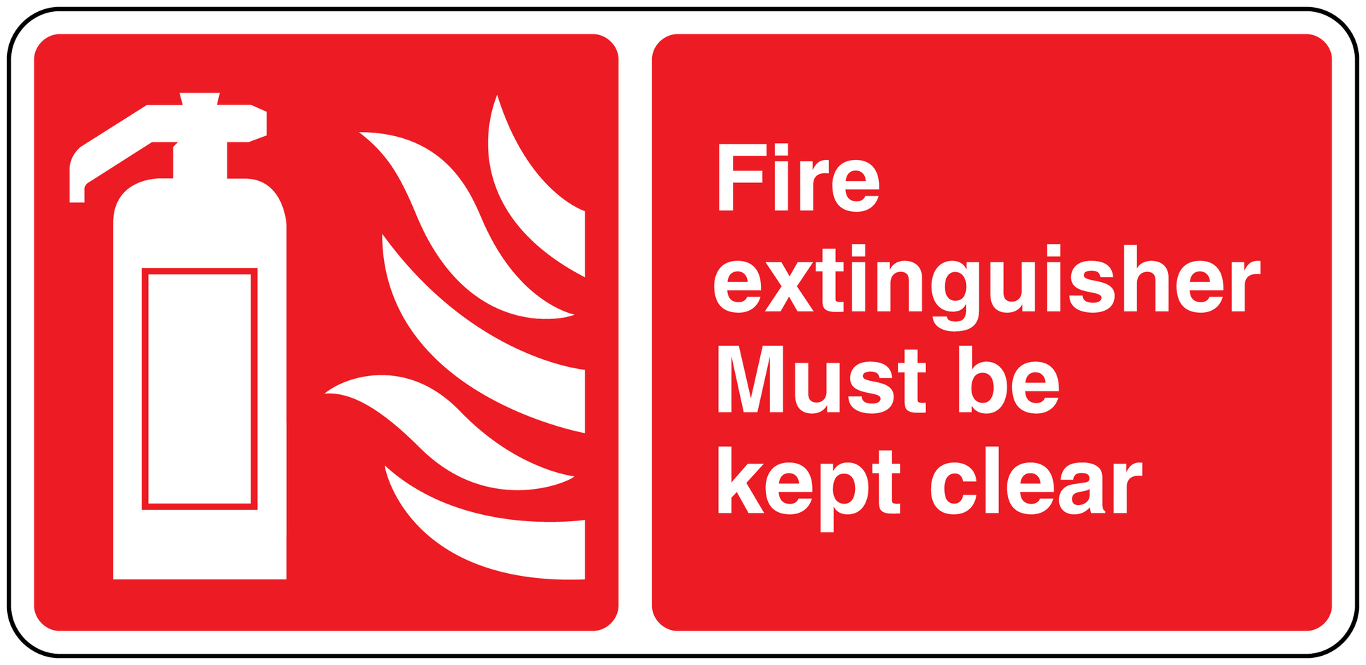 Red fire extinguisher must be kept clear safety sticker with extinguisher and flame icon