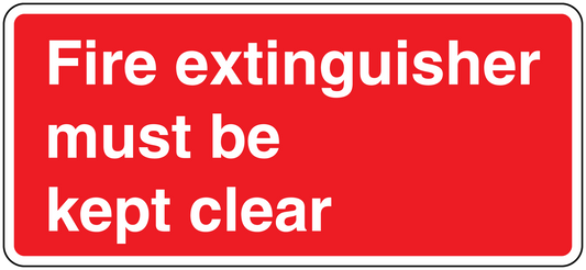 Fire extinguisher must be kept clear sticker, red with white text