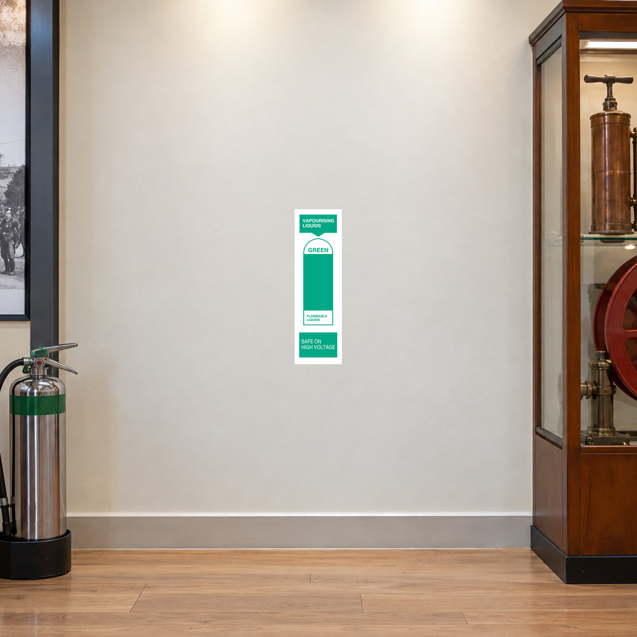 Green safety sign sticker for liquids, vertical label with warning text
