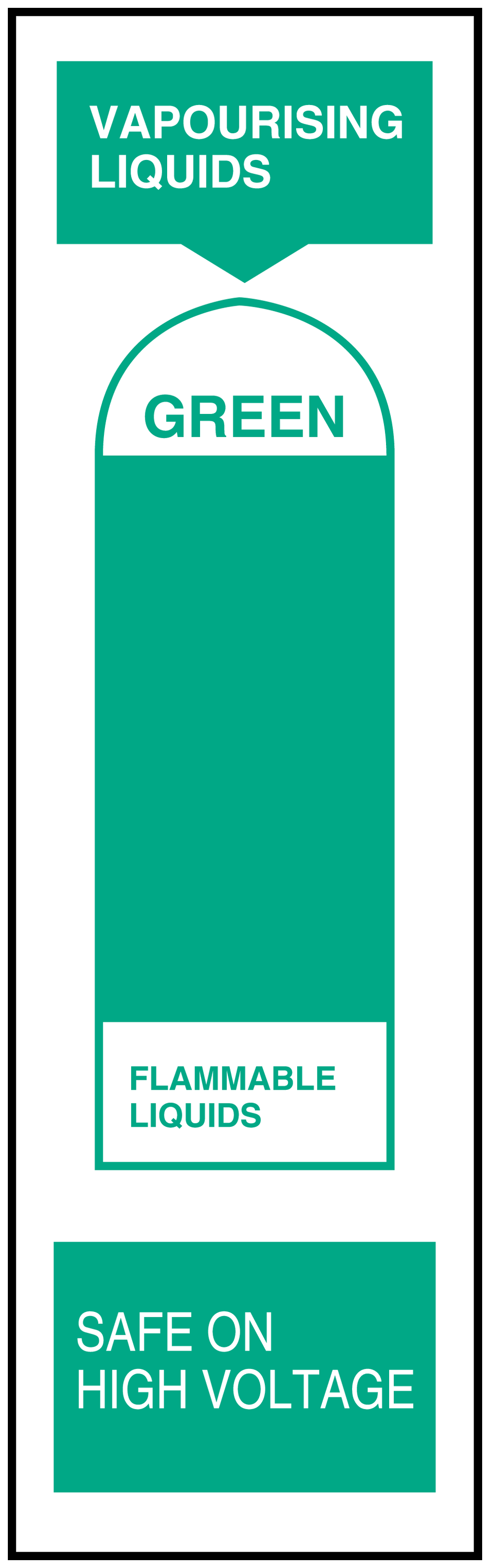 Safety sign sticker: VAPOURISING LIQUIDS, GREEN (flammable), safe on high voltage.