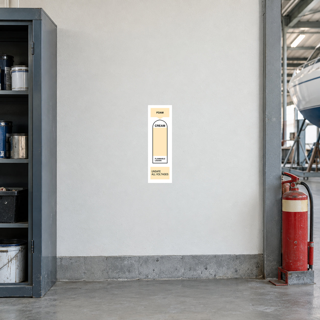 Foam fire extinguisher sticker with red label text on white vertical backing