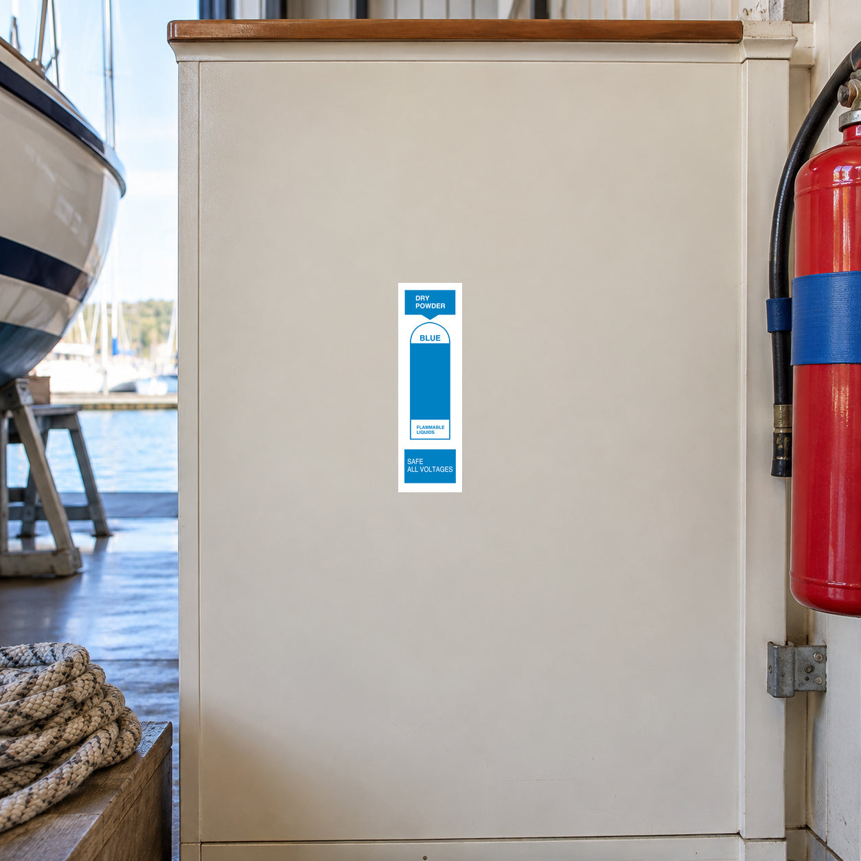 Dry powder safety sticker, blue and white vertical label